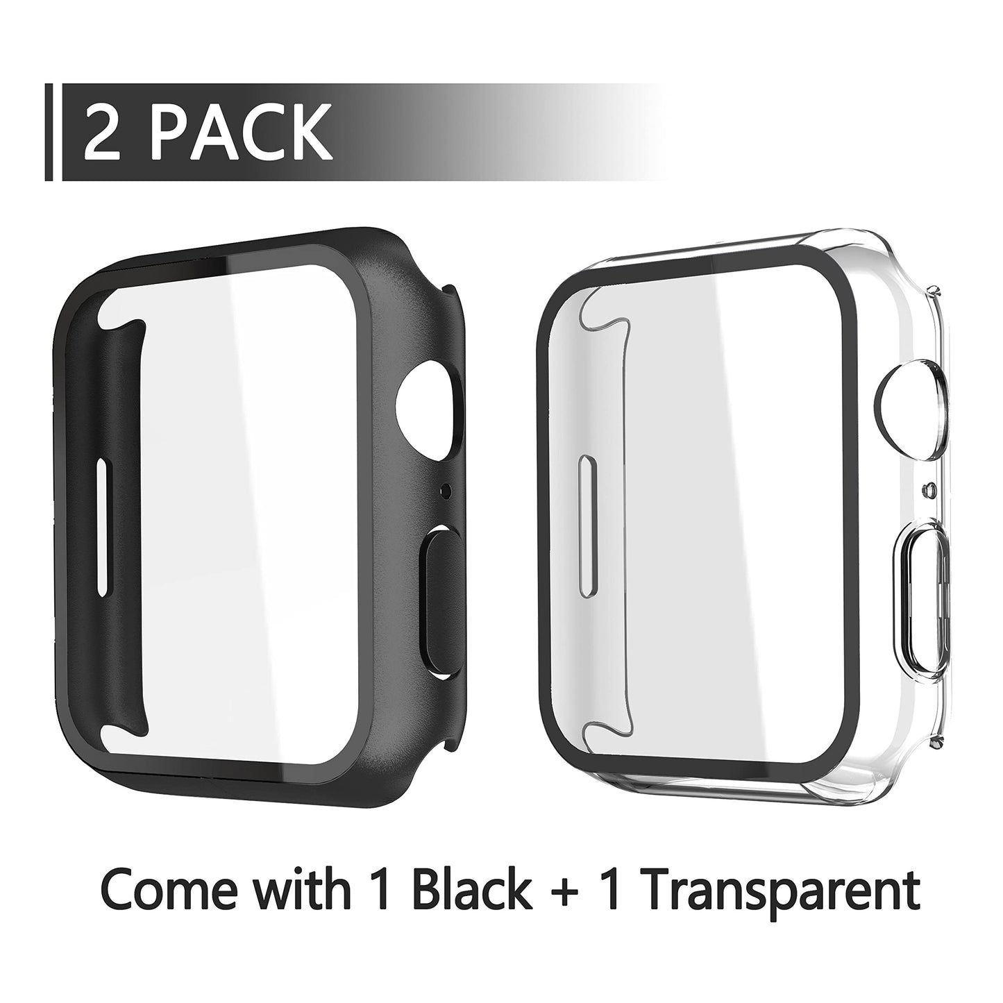 Misxi 2 Pack PC Case with Tempered Glass Screen Protector Compatible with Apple Watch Series 9 (2023) Series 8 Series 7 41mm, Ultra-Thin Scratch Resistant Cover for iWatch, 1 Black+1 Transparent