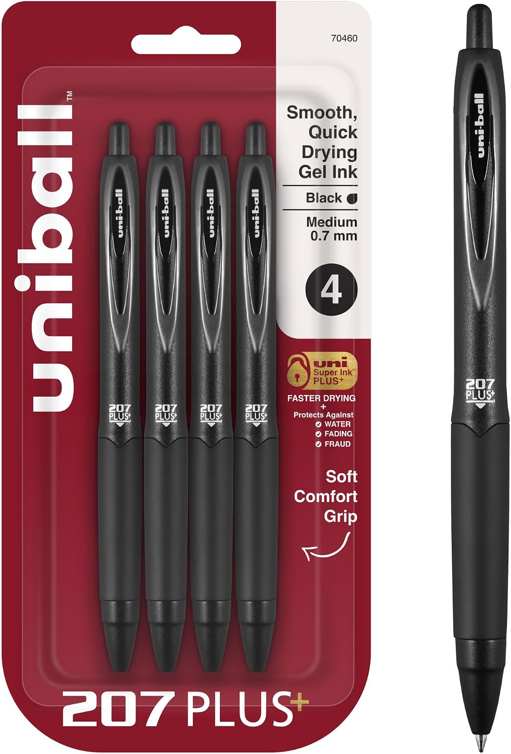 uniball™ 207 Plus+ Gel Pens, Black Ink, 0.7mm Medium Point, 4 Count