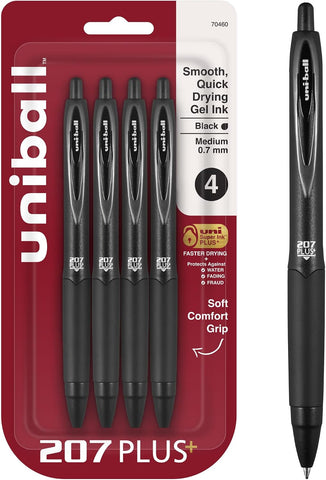 uniball™ 207 Plus+ Gel Pens, Black Ink, 0.7mm Medium Point, 4 Count