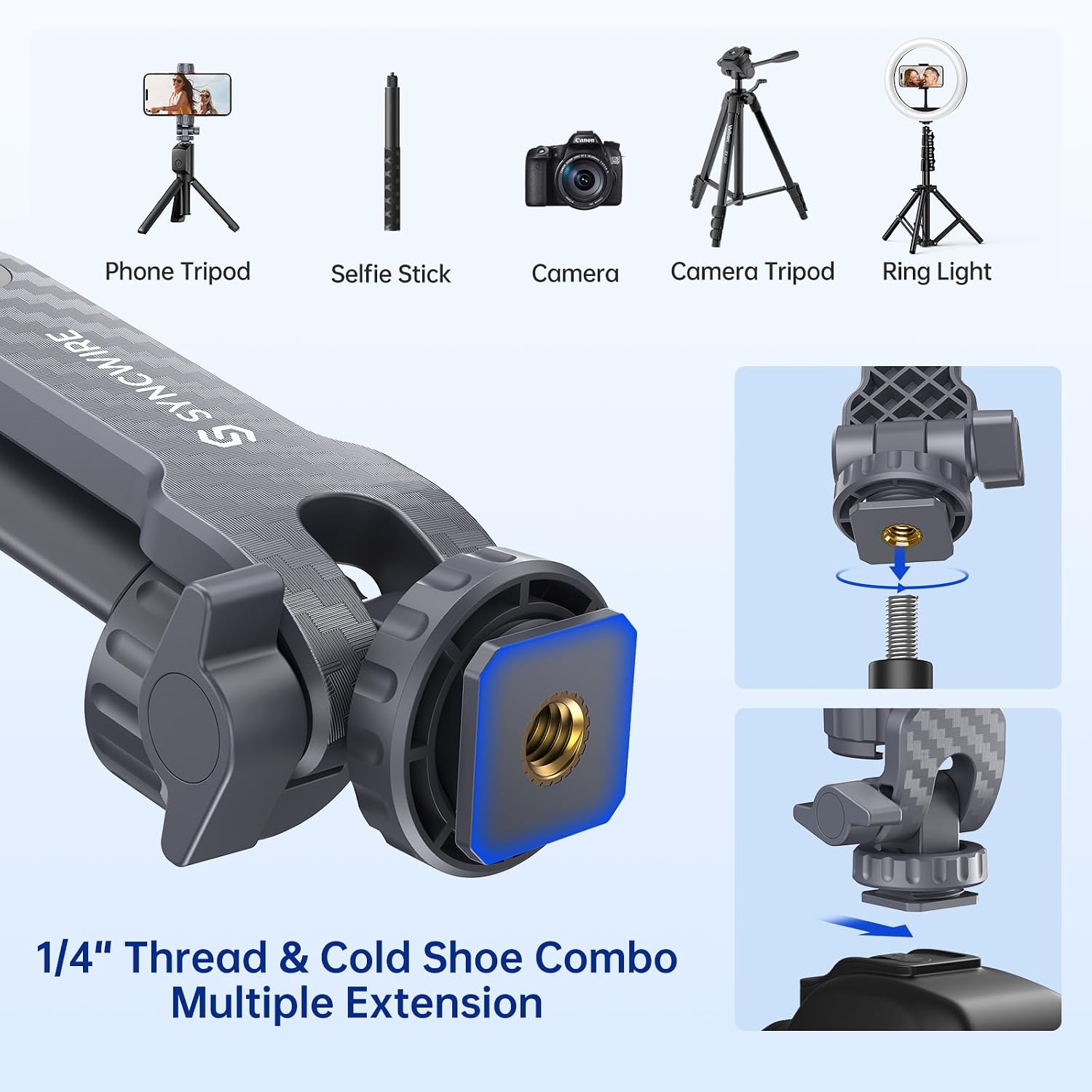 SYNCWIRE Tripod Phone Mount, Universal Smartphone Mount Adapter with 2 Cold Shoe and 1/4" Screw, 360° Rotates and 180° Tilts Adjustable Cell Phone Clamp Holder for Enhancing Mobile Photography Setup