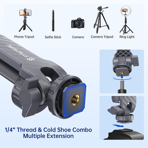 SYNCWIRE Tripod Phone Mount, Universal Smartphone Mount Adapter with 2 Cold Shoe and 1/4" Screw, 360° Rotates and 180° Tilts Adjustable Cell Phone Clamp Holder for Enhancing Mobile Photography Setup