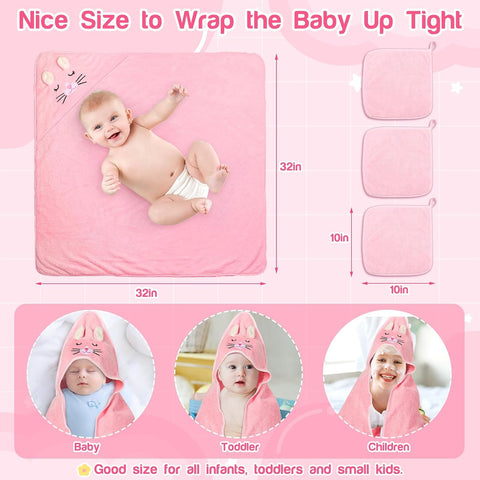 4 PCS Baby Bath Towels Set, Baby Towel for Newborn Essential (Pink Kittens)