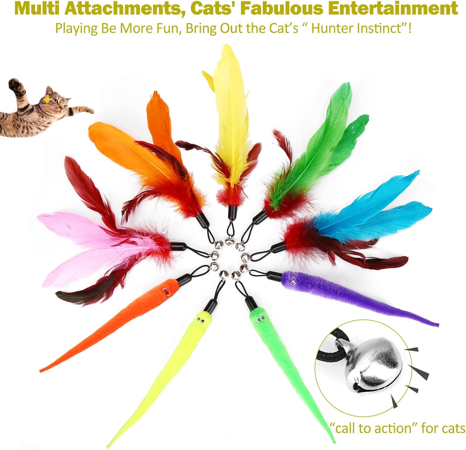 MeoHui Cat Toys for Indoor Cats, Interactive Cat Toy 2PCS Retractable Wand Toy and 9PCS Cat Feather Toys Refills, Funny Kitten Toys Cat Fishing Pole Toy for Bored Indoor Cats Chase and Exercise