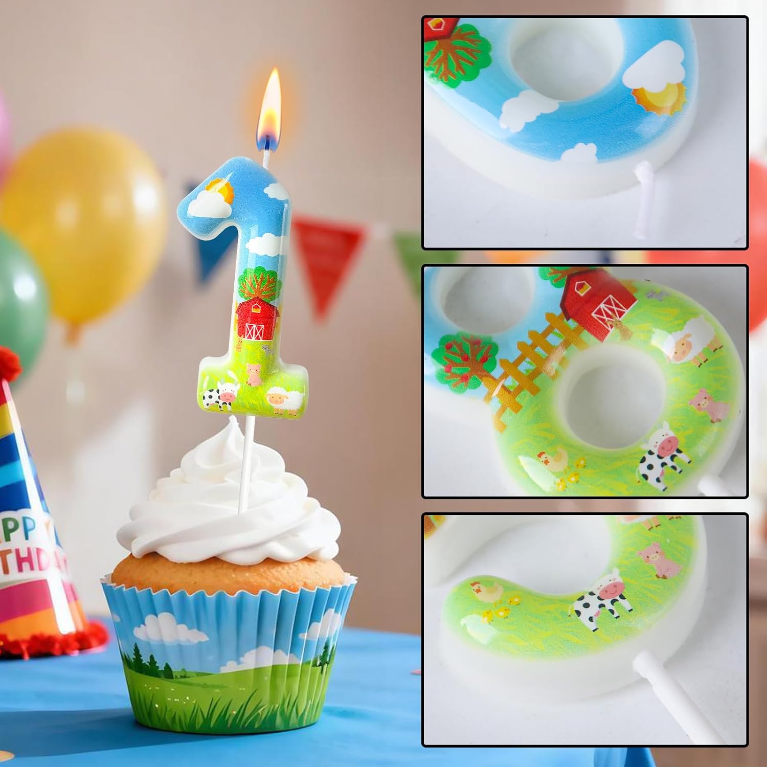 Farm Theme Number 1 Birthday Candle, Barnyard Cake Topper for Boys Girls, Farm Party Cake Decoration