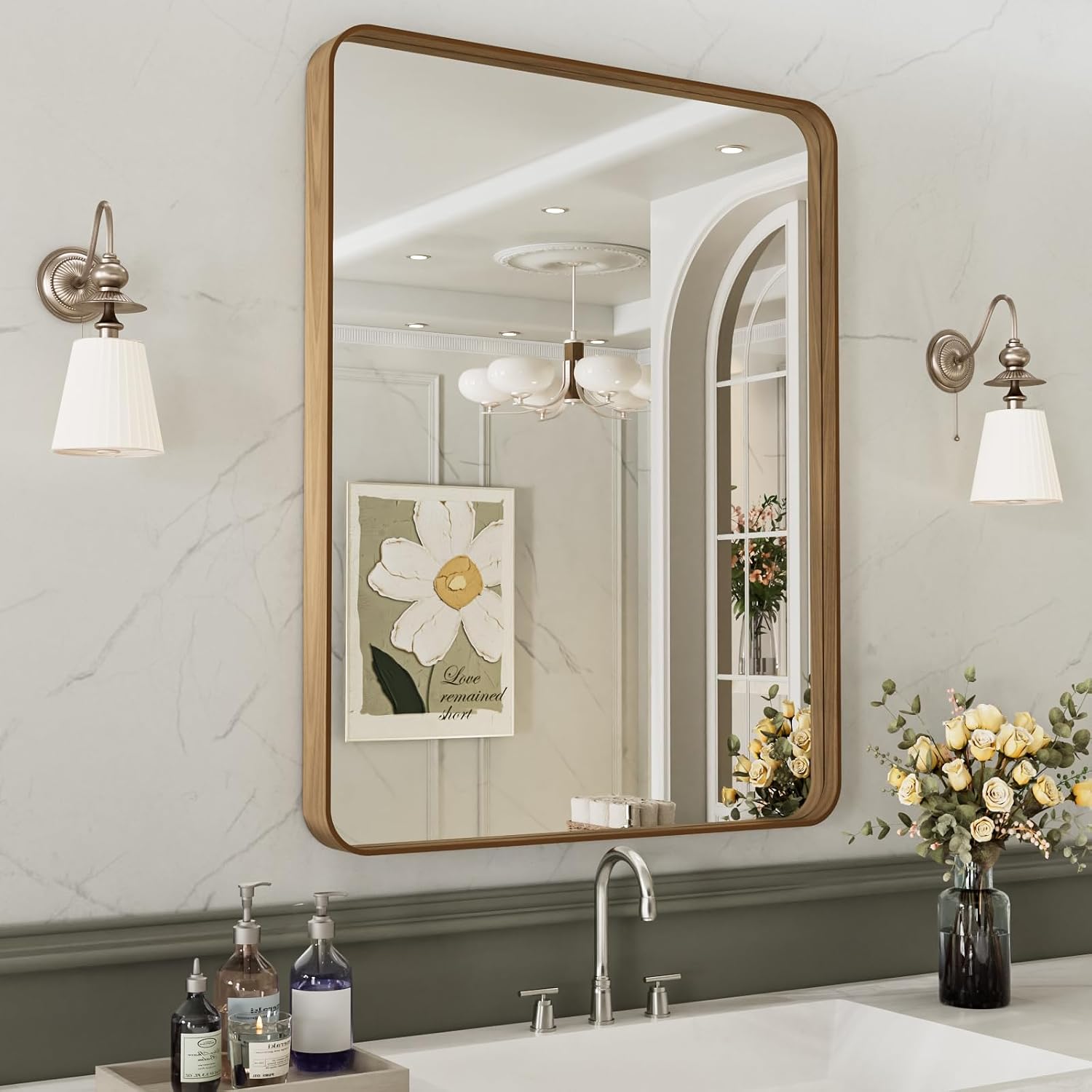 LOAAO 20X30 Inch Bathroom Mirror with Wood Grain Colored Metal Frame