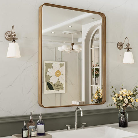LOAAO 20X30 Inch Bathroom Mirror with Wood Grain Colored Metal Frame
