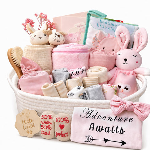 Ultimate Baby Girl Shower Gift Basket Set - Newborn Essentials, Large Pink Gift Basket With Rattle, Swaddle, Diaper Caddy Organizer