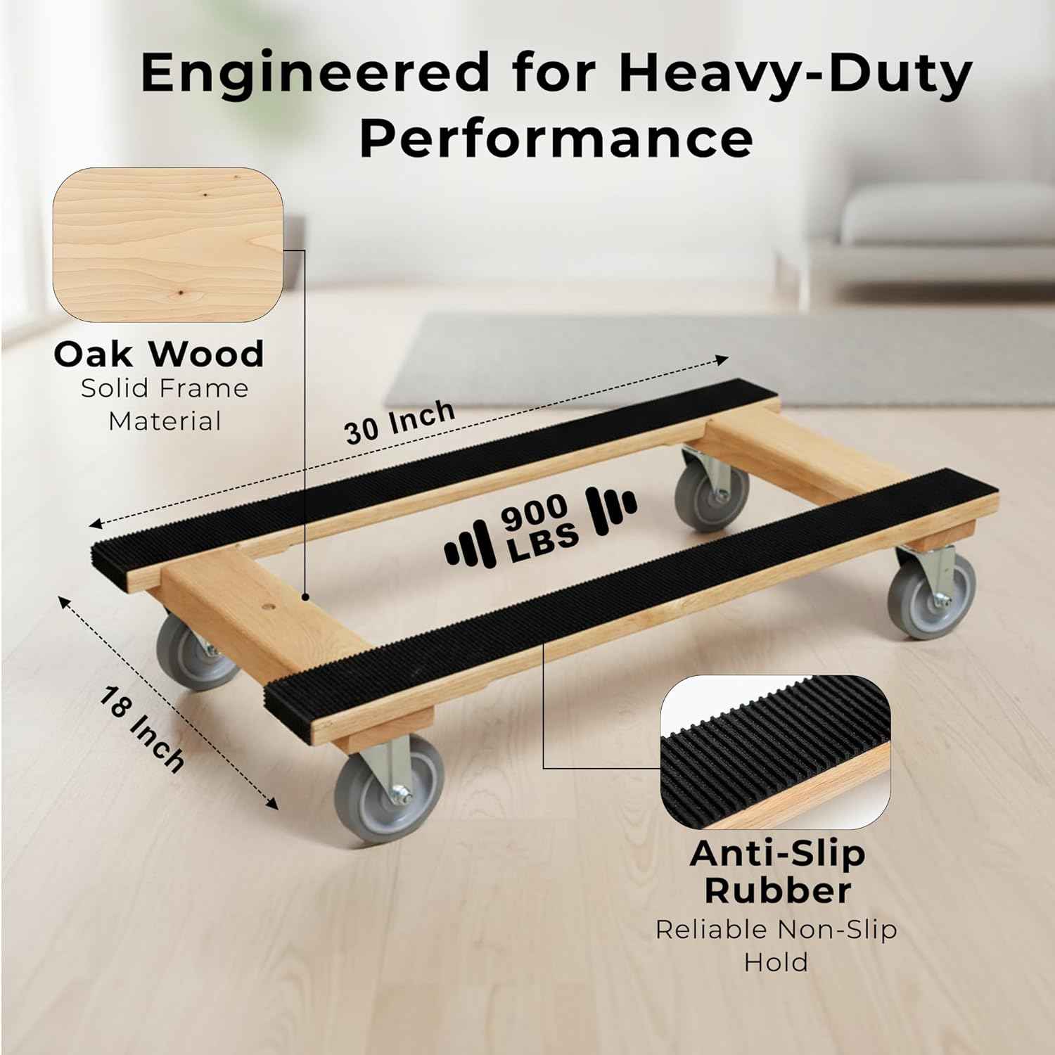 Furniture Dolly 4 Wheel Heavy Duty | Flat Moving Dolly H Frame Oak | Full Length Rubber Tread Dual Rail | 18x30