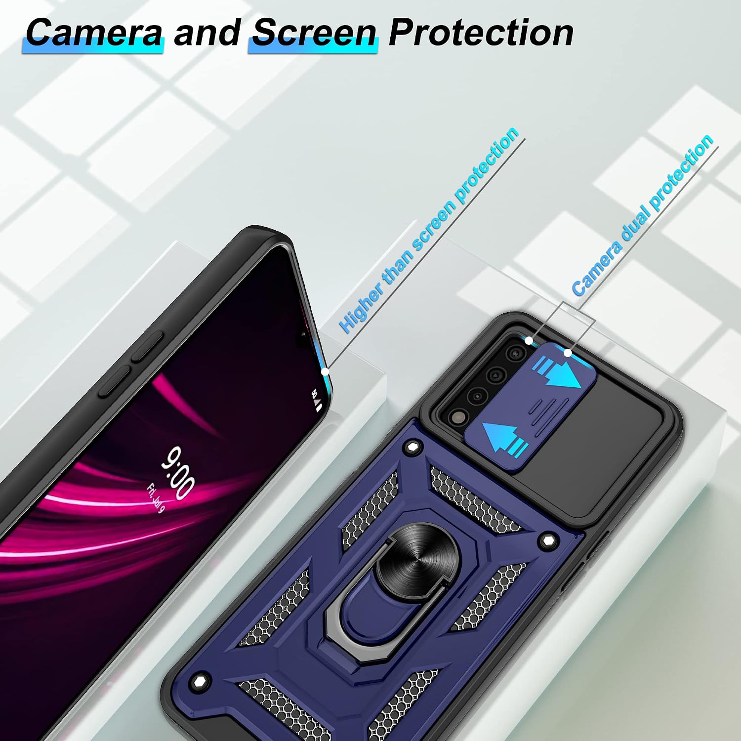 ATUMP for T-Mobile Revvl V Plus 5G Case with HD Screen Protector with Slide Camera Cover, 360° Rotation Ring Kickstand [Military Grade] Protective Case for T-Mobile Revvl V Plus 5G,Blue