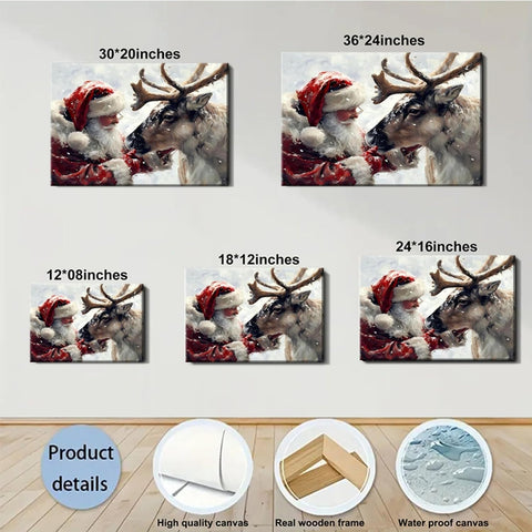 Santa's Reindeer Framed Christmas Canvas Wall Art for Living Room, Winter Pictures Wall Decor Painting Prints for Bedroom, Santa Christmas Art, 24x36 Poster Artwork for Wall Decorations