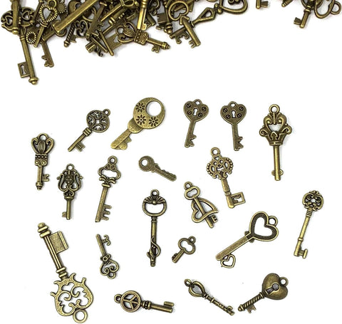 125 PCS Vintage Skeleton Key Set Charms, JIALEEY Mixed Antique Style Bronze Brass for Pendant DIY Jewelry Making Wedding Party Favors