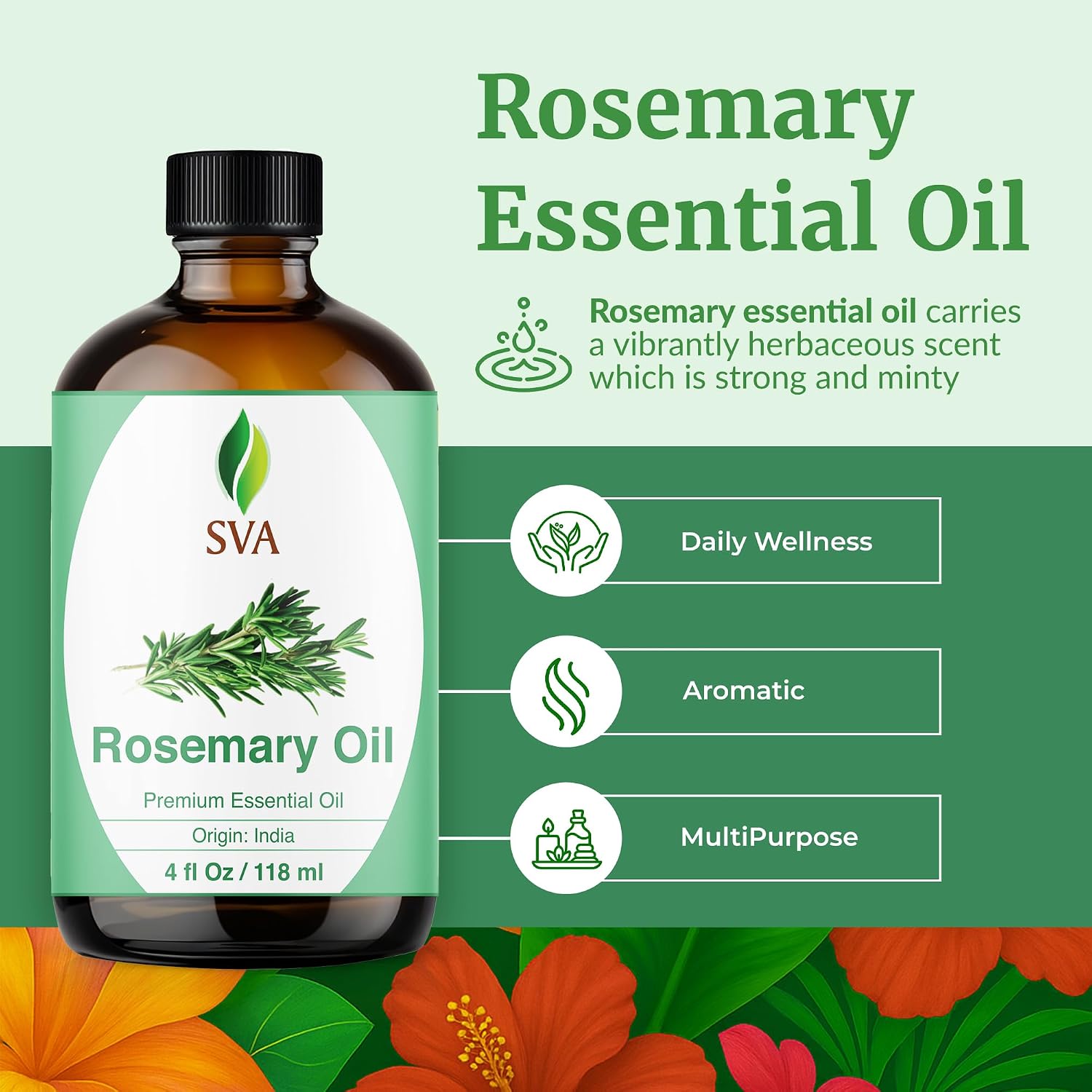 SVA Rosemary Essential Oil, Glass Bottle with Dropper, 4 Fl Oz (118 ml)