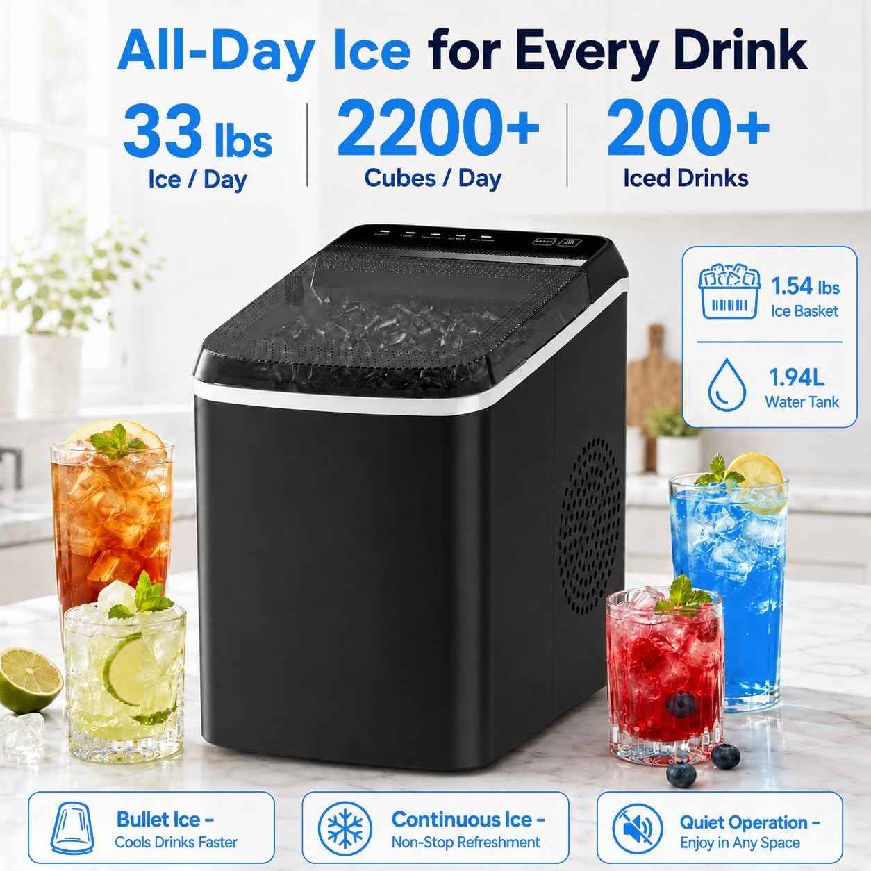 Anypro Countertop Ice Maker Machine, Portable Bullet Ice Maker, 9 Cubes Ready in 6 Mins, 33Lbs/24H, 2 Ice Sizes, Self Cleaning Ice Maker, Basket & Scoop, Compact Ice Machine for Home Kitchen Office RV