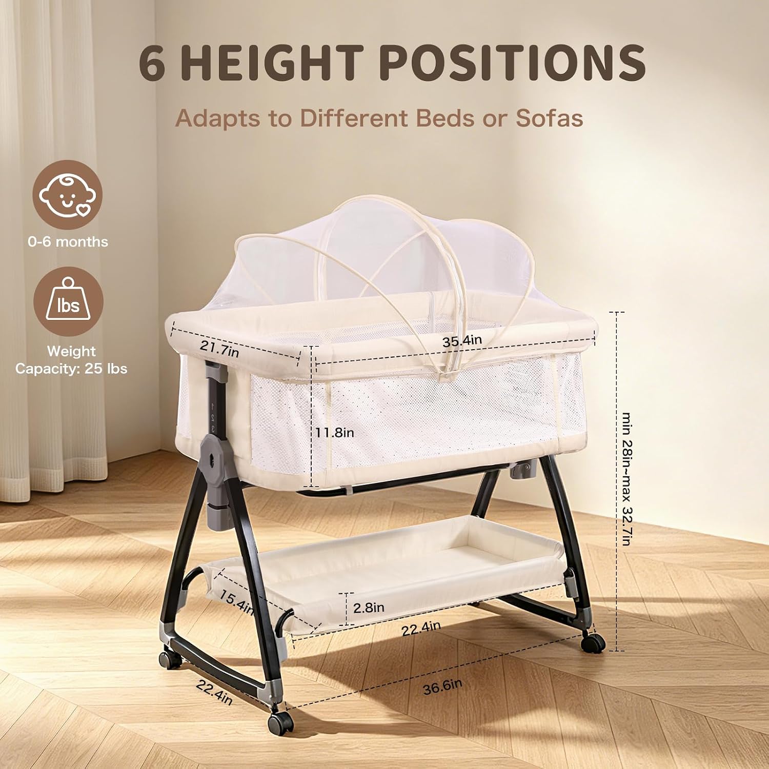 Baby Bassinet, 3-in-1 Bedside Bassinets for Baby, Bassinet Sleeper with Wheels, Baby Bedside Crib with Breathable Mesh, Mosquito Net, 6 Height Adjustable, Large Storage Basket, Easy Assemble & Folding
