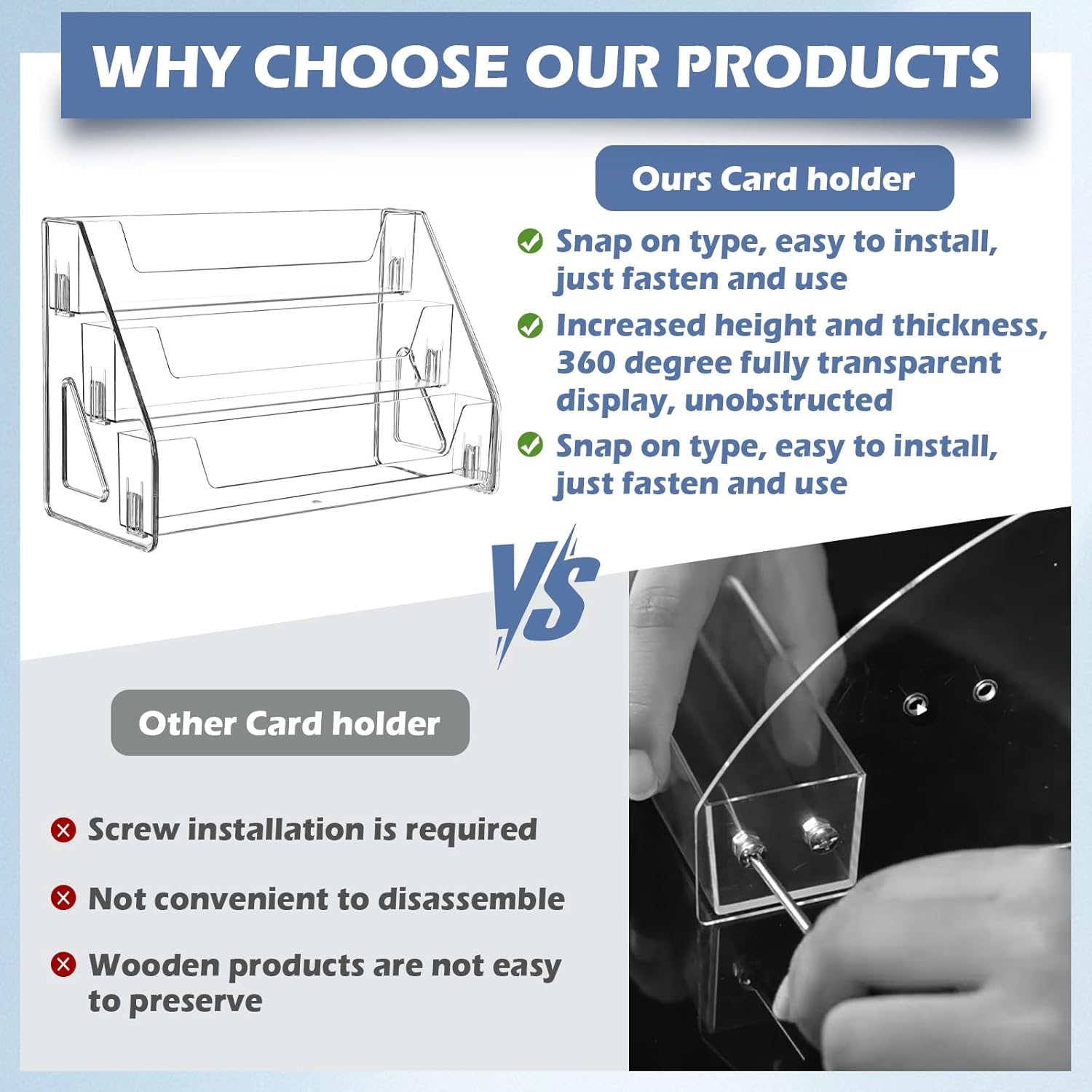 CELSOL 2 Pack Upgraded 3 Tier Acrylic Card Display Stand, Clear Display for Trading Cards, Greeting Cards, Sports Cards, Postcards, Stickers & Brochures, Easy Snap-On, Increased Height & Thickness for Better Presentation