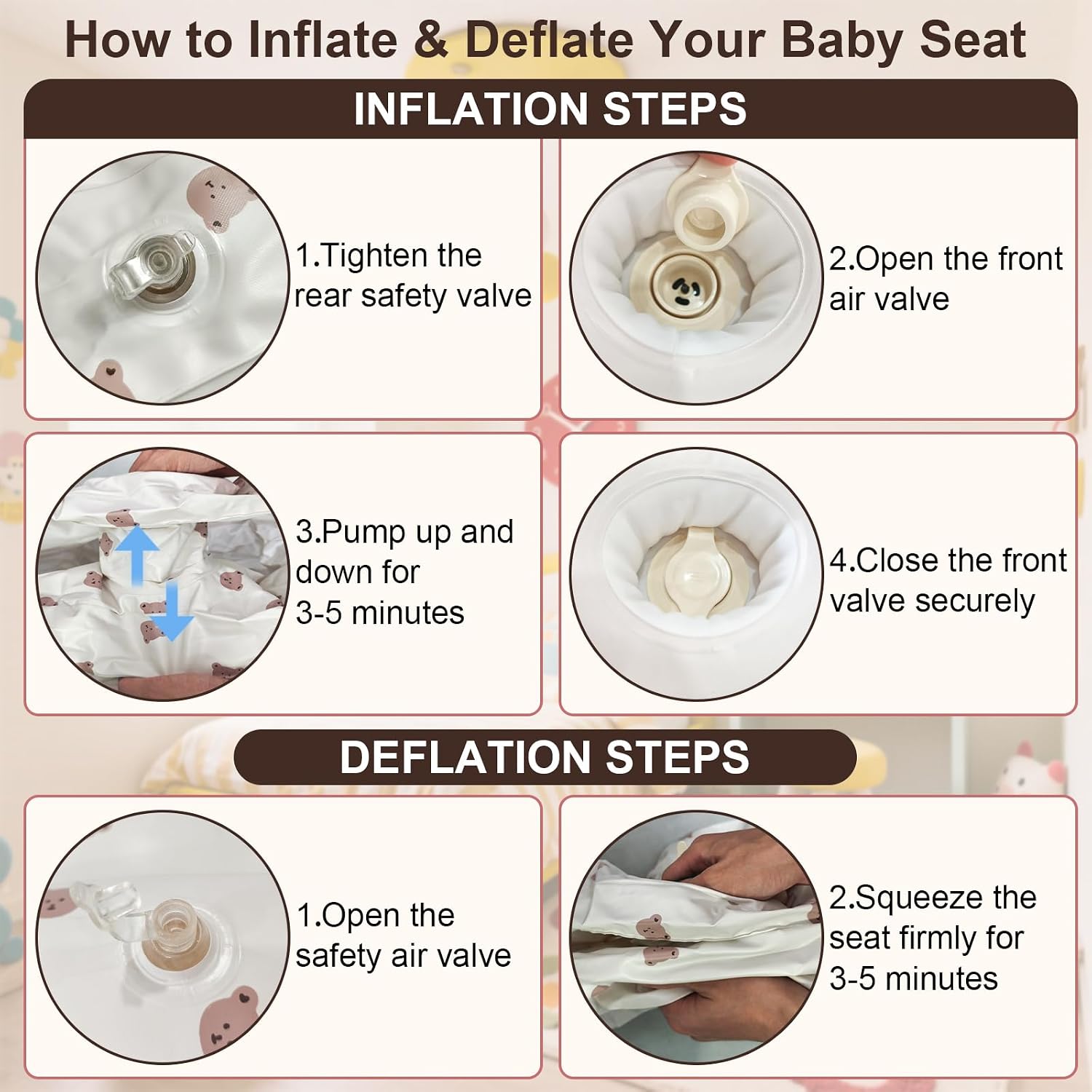 Inflatable Baby Seat with Built-in Pump and Back Support, Brown Bear Large