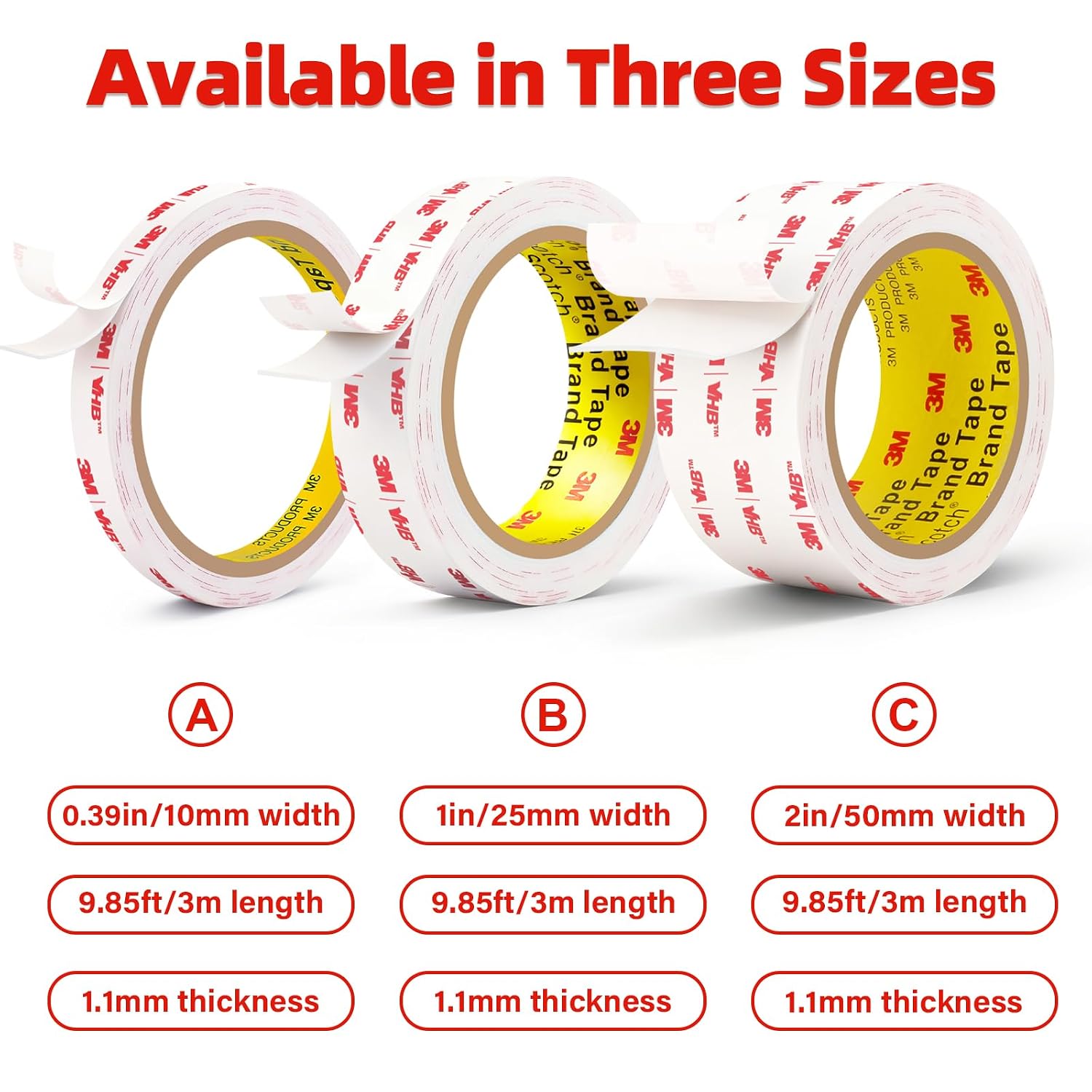 3M Double Sided Tape,1in X 9.85ft Heavy Duty Removable Mounting Tape