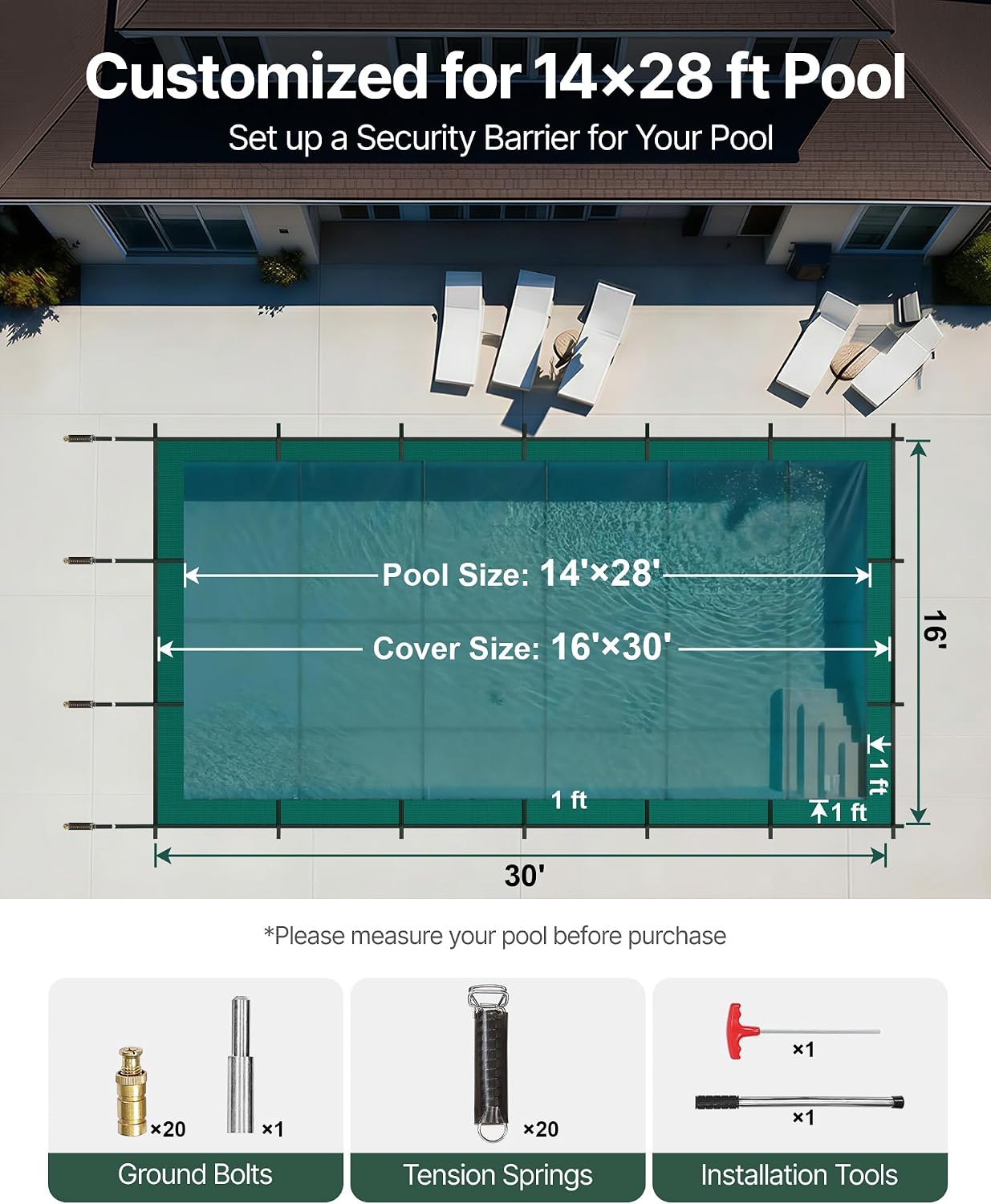 VEVOR Inground Pool Safety Cover, 14 ft x 28 ft Rectangular Winter Pool Cover, Triple Stitched, High Strength Mesh PP Material with Good Rain Permeability, Installation Hardware Included, Green