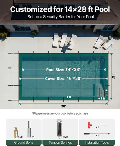 VEVOR Inground Pool Safety Cover, 14 ft x 28 ft Rectangular Winter Pool Cover, Triple Stitched, High Strength Mesh PP Material with Good Rain Permeability, Installation Hardware Included, Green