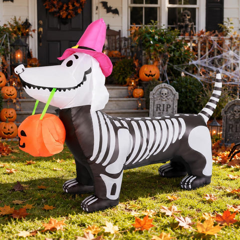 GOOSH 5.5 FT Halloween Inflatables Outdoor Decorations Skeleton Puppy Inflatable Yard Decoration with Build-in LEDs Blow Up Pumpkin for Halloween Party Indoor Outdoor Yard Garden