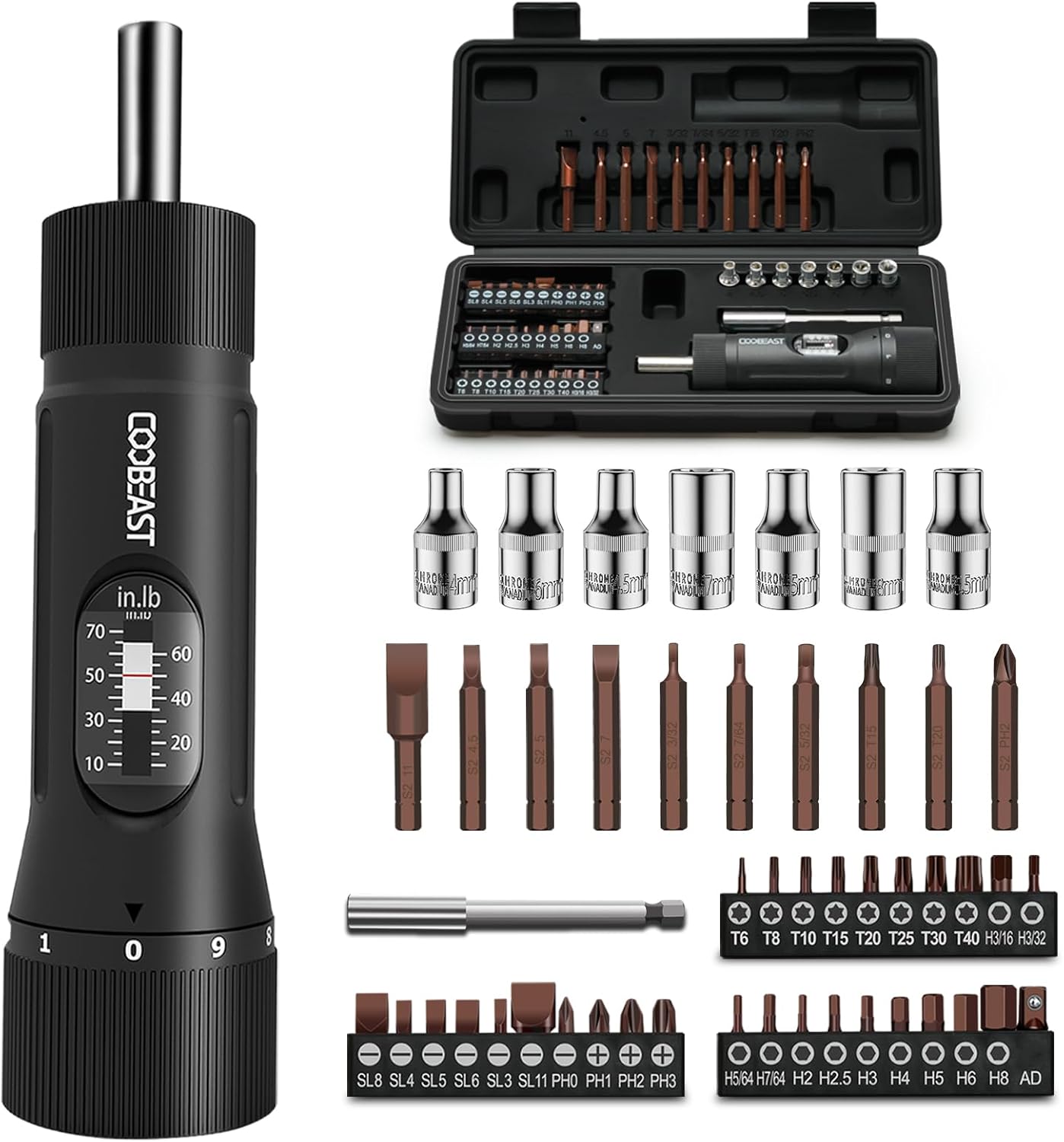 coobeast 49Pcs Preset 1/4” Drive Torque Screwdriver with S2 Bits
