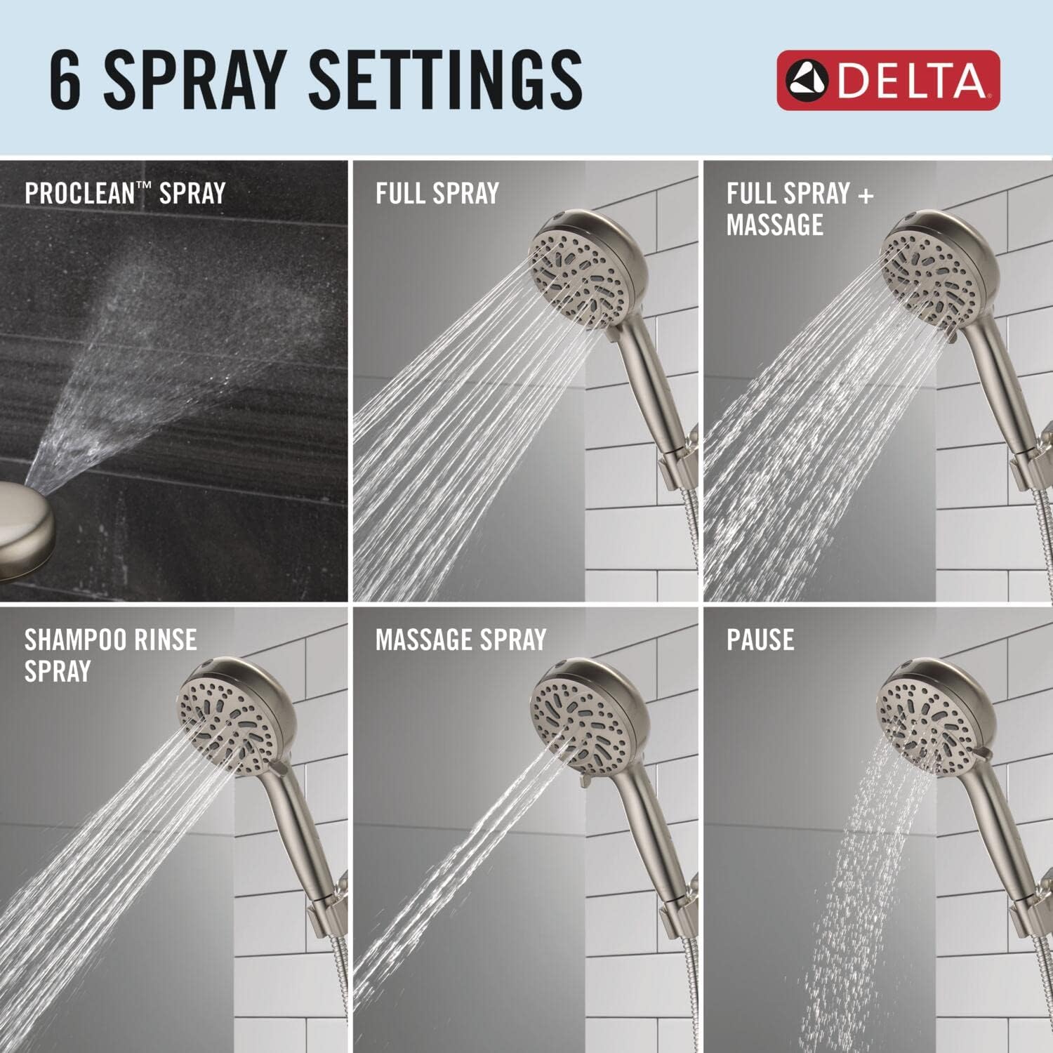 Delta Faucet ProClean Brushed Nickel Shower Head with Handheld, Showerhead with High Pressure Spray, Handheld Shower Head, 6 Spray Settings, SpotShield Brushed Nickel 75740SN