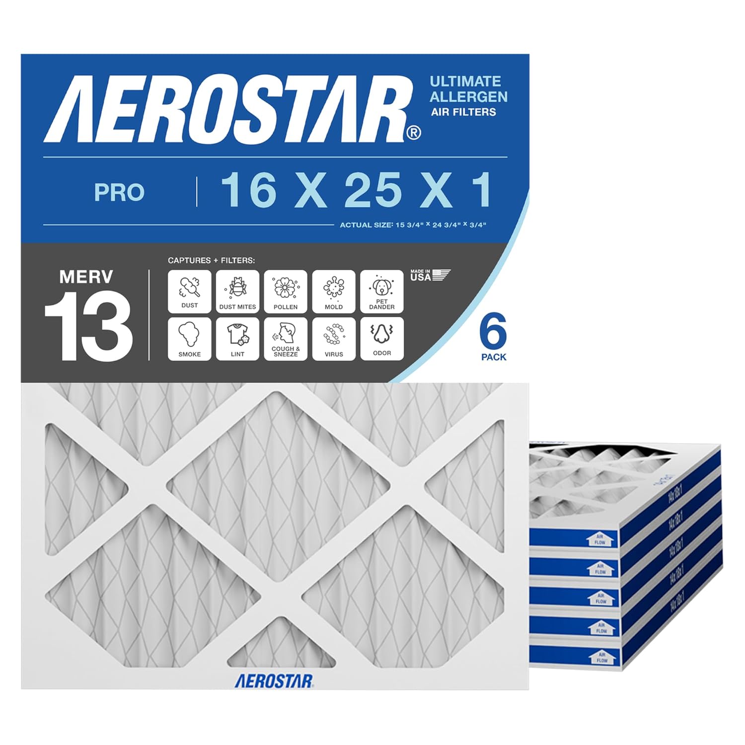 Aerostar Air Filter 16x25x1 MERV 13 AC Filter, HVAC, Furnace Filter, 6 Pack