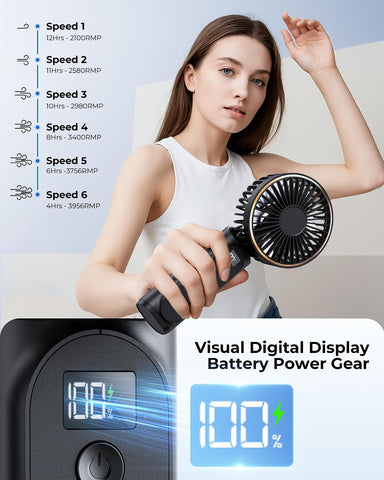 TUNISE Portable Handheld Fan, Portable Fan Rechargeable, 4000mAh, 180° Adjustable, 6 Speed Wind, Display Electricity in Real Time, USB Rechargeable Foldable F an, Quiet Personal Fan as Power Bank