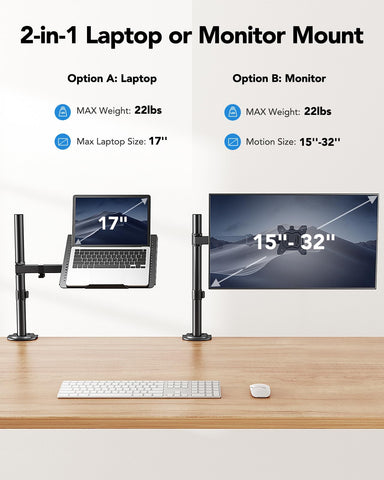 HUANUO Laptop Desk Mount, Laptop Mount for 17-inch Notebooks or 15”-32” Monitors, Laptop Arm with Ventilated Tray, Fully Adjustable Arm with Tilt, Swivel & Rotation, Holds up to 22 lbs