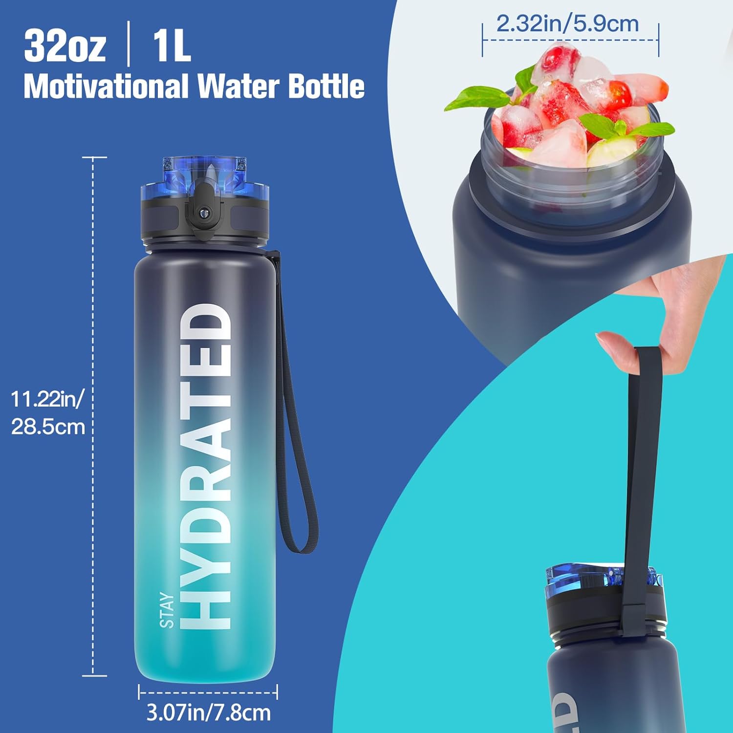 Sahara Sailor Water Bottle 32oz, Tritan Sports Bottle with Time Marker