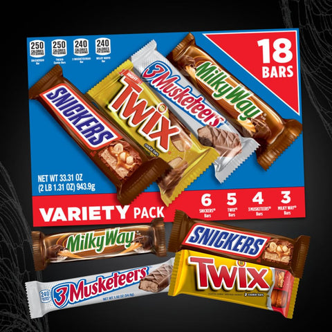 SNICKERS, TWIX, MILKY WAY & 3 MUSKETEERS Individually Wrapped Variety Packet Full Size Milk Chocolate Candy Bars Bulk Assortment, 33.31 oz, 18 Bars (Pack of 2)