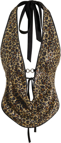 Verdusa Women's Cheetah Print Sequin Halter Top Y2K Going Out Crop Tops