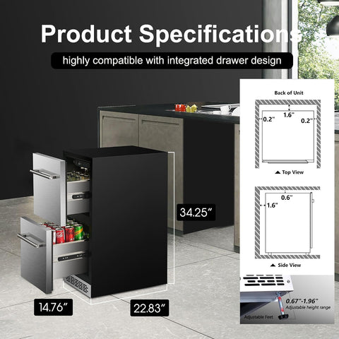 15 Inch Outdoor Drawer Fridge, Under Counter Double Drawer Beverage Refrigerator, 3.39 Cu.Ft., Silver, BC-96WS
