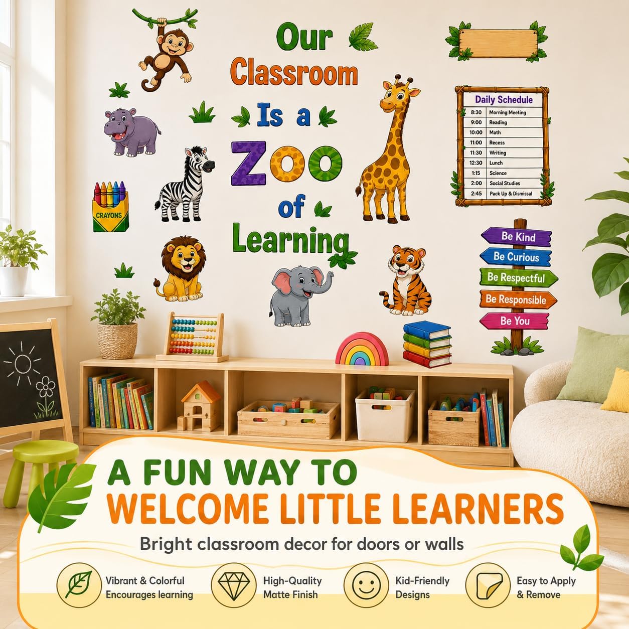 Zoo Animal Wall Stickers PVC Jungle Animal Wall Decals Tiger Elephant Giraffe Lion Monkey Wall Decor for Nursery Playroom Bedroom Classroom Kindergarten