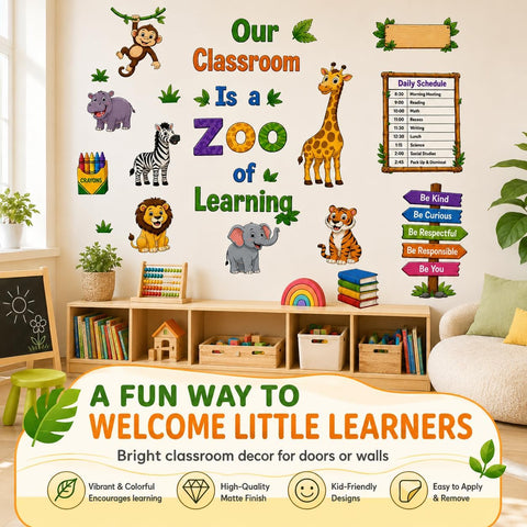 Zoo Animal Wall Stickers PVC Jungle Animal Wall Decals Tiger Elephant Giraffe Lion Monkey Wall Decor for Nursery Playroom Bedroom Classroom Kindergarten