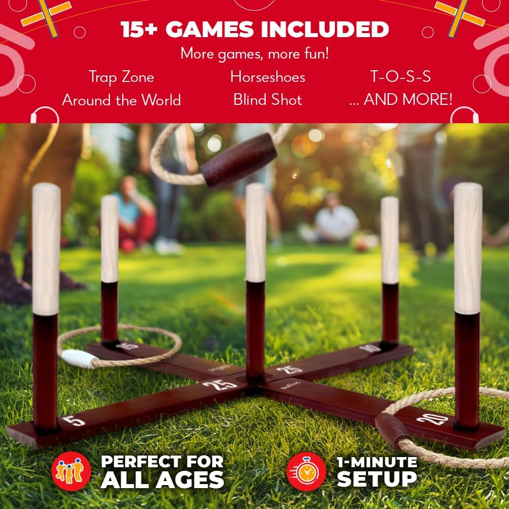 Swooc Games - Rustic Ring Toss Game (All Weather) - Easy Setup & Extra Games Included - Ring Toss Game for Adults - Outdoor Activities for Adults - Yard Toys for Kids - Backyard Fun - Outdoor Party