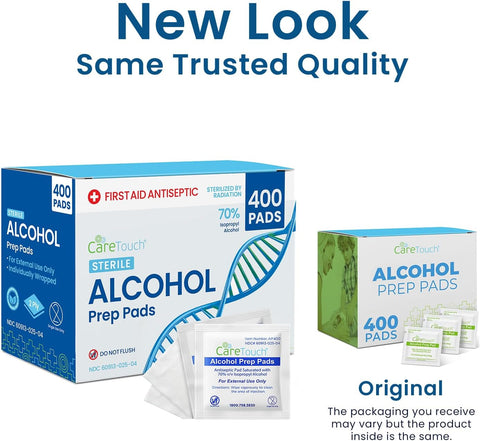Care Touch Alcohol Prep Pads - 400 Count Alcohol Wipes Individually Wrapped, 1.18x2.36 Inches - 70% Isopropyl Swabs for Home, Medical, or First Aid Kits - Sterilized 2-Ply Pads