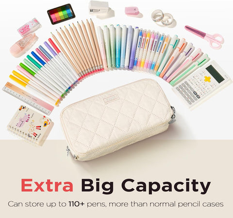 Sooez Large Pencil Case Pouch, Extra Big Pencil Bag with 8 Compartments, Pen Bag Wide Opening, Soft Quilted Pencil Pouch Organizer with Zipper, Portable Pencil Case for Teen Girls, Beige