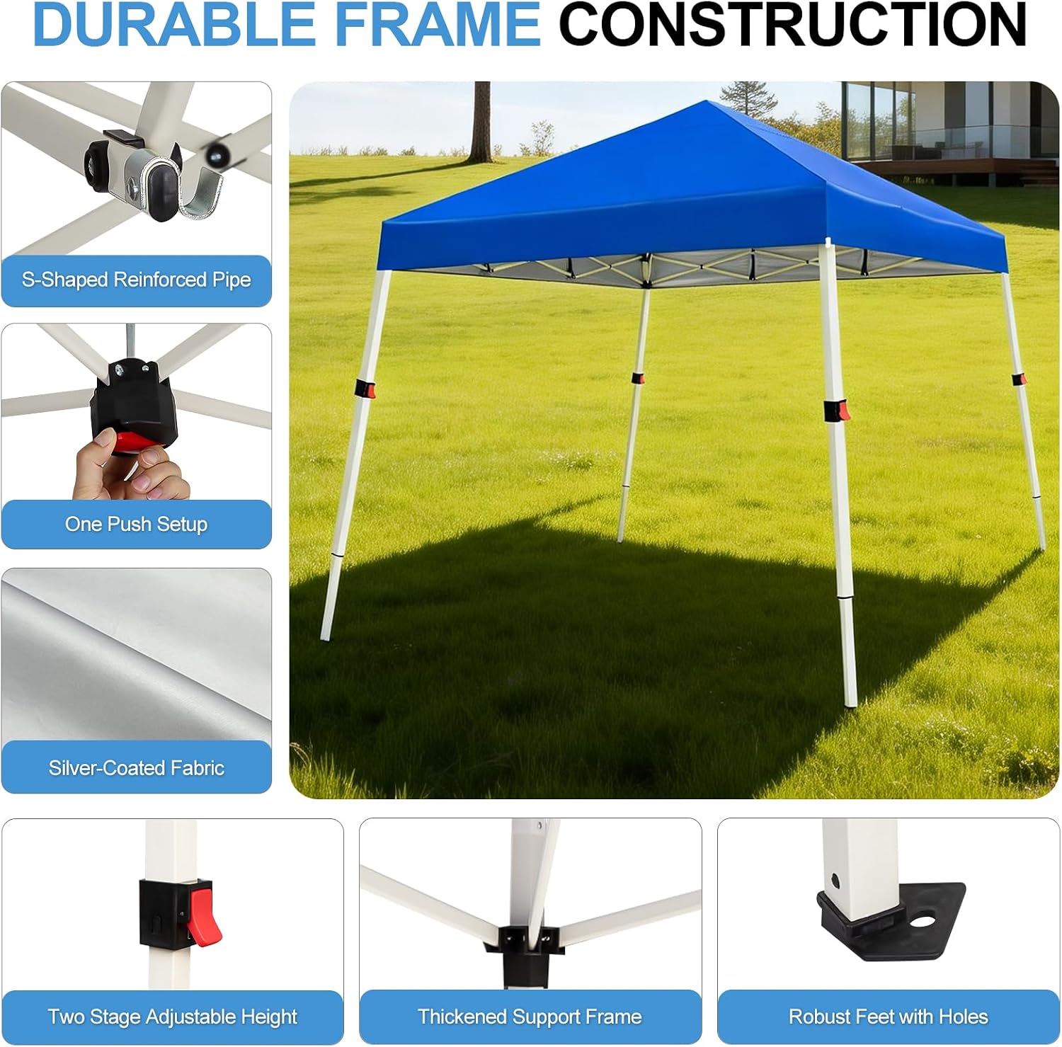 WEIZE 10x10 Slant Legs Pop Up Canopy Tent, 1-Button Push Setup Canopy Tent, Adjustable Height Instant Portable Shelter, Protable Backpack, Easy Outdoor Sun Shade for Events, 8x8 Top, Blue