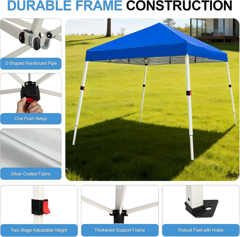 WEIZE 10x10 Slant Legs Pop Up Canopy Tent, 1-Button Push Setup Canopy Tent, Adjustable Height Instant Portable Shelter, Protable Backpack, Easy Outdoor Sun Shade for Events, 8x8 Top, Blue