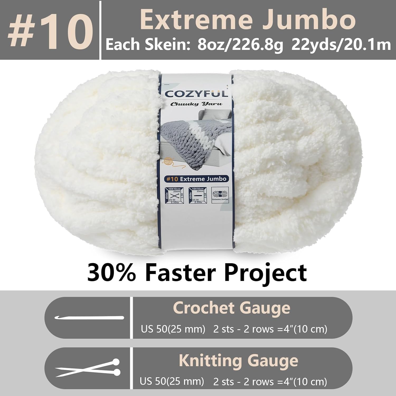 Cozyful Chunky Yarn for Hand Knitting - #10 Chunky Chenille Yarn, Jumbo Big Thick Chunky Yarns for Crocheting, Super Bulky Chunky Knit Blanket Yarns, 8 Skein (22 yds 8 oz Each Skein), Cream