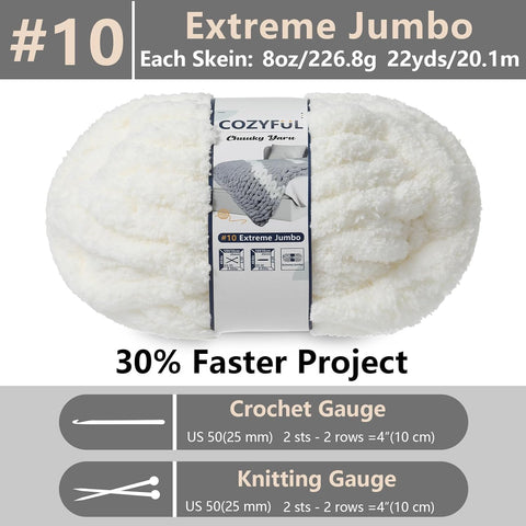 Cozyful Chunky Yarn for Hand Knitting - #10 Chunky Chenille Yarn, Jumbo Big Thick Chunky Yarns for Crocheting, Super Bulky Chunky Knit Blanket Yarns, 8 Skein (22 yds 8 oz Each Skein), Cream