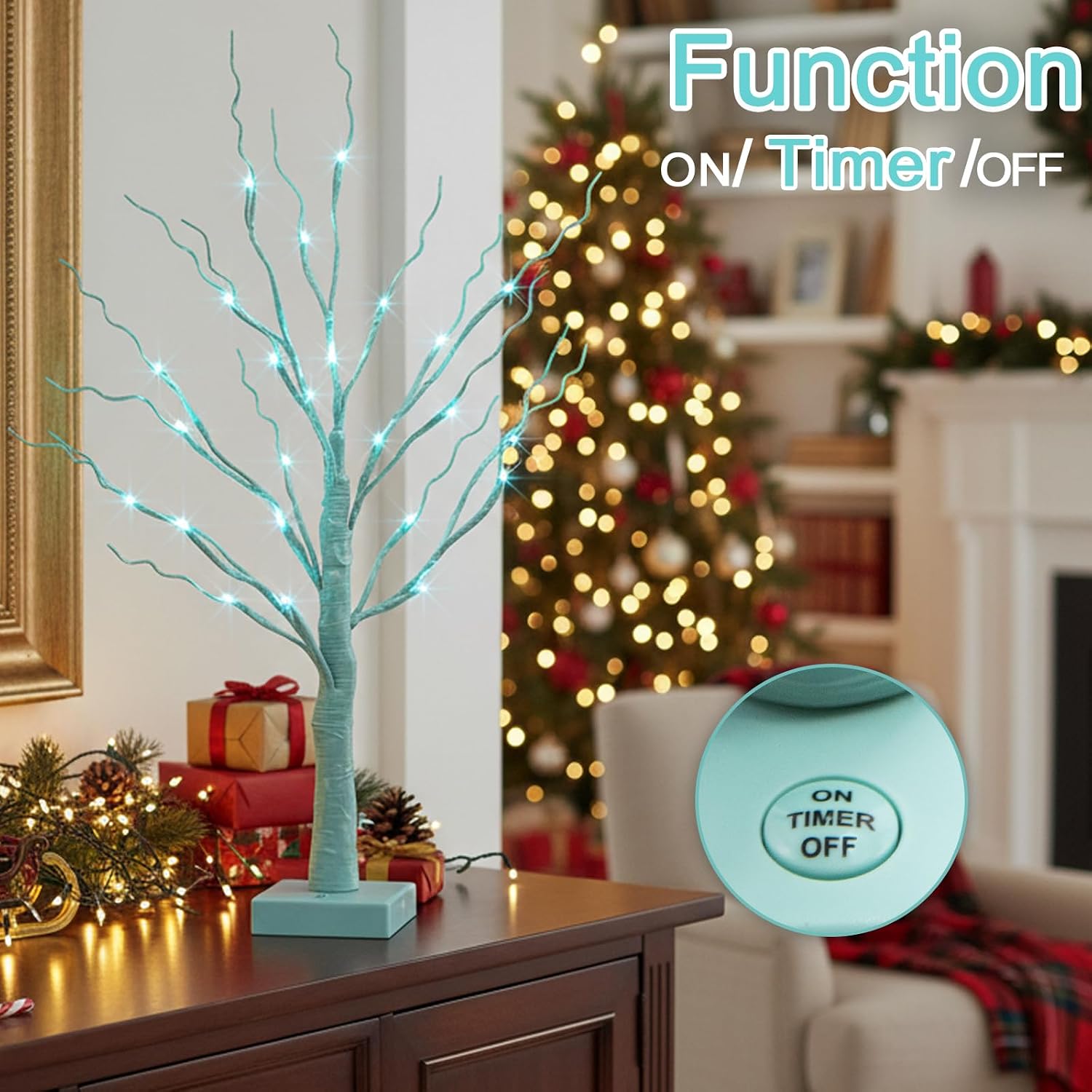 PEIDUO Blue-Green Trees Decor for Home, 2PK Tree Light Battery Powered Timer, Lighted Christmas Decorations Indoor, for Home Bedroom Living Room Fireplace Wedding Party New Year's Day and Christmas