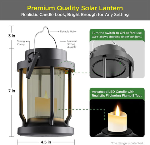Solar Lantern Outdoor & Indoor Use – Hanging Solar Lights with Realistic Flickering Flameless Candle, Weatherproof for Gardens, Patios, Trees, and Lawns (Black + Gray, 1 Pack)