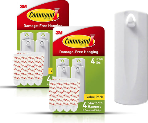 Command Sawtooth Picture Hangers, Damage Free Hanging Frame Hangers, No Tools Wall Hooks for Hanging Sawtooth Frames in Living Spaces, 8 White Picture Frame Hangers and 16 Command Strips