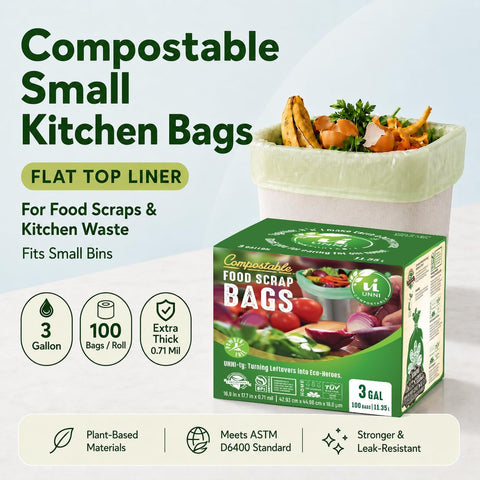 UNNI 3 Gallon Compost Bags for Countertop Bin, 100 CT, Extra Thick 0.71 Mil