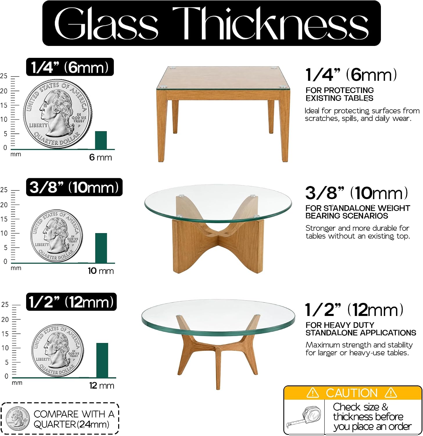 14 inch Square 1/4" Thick Flat Polished Edge Clear Glass Table Top with 6 Bumpers - Tempered, Scratch Resistant & Safety Replacement Glass for Dining, Coffee, Patio & End Tables