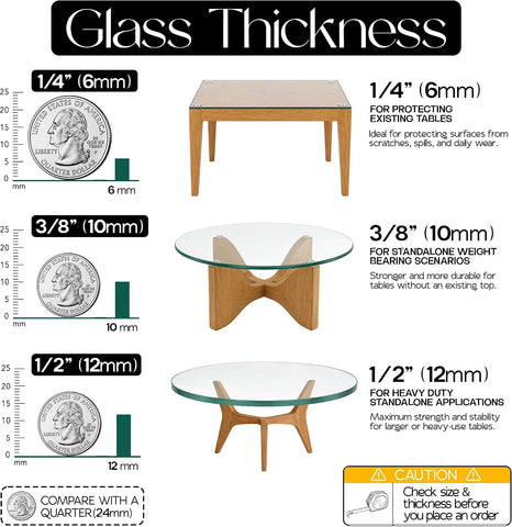 14 inch Square 1/4" Thick Flat Polished Edge Clear Glass Table Top with 6 Bumpers - Tempered, Scratch Resistant & Safety Replacement Glass for Dining, Coffee, Patio & End Tables