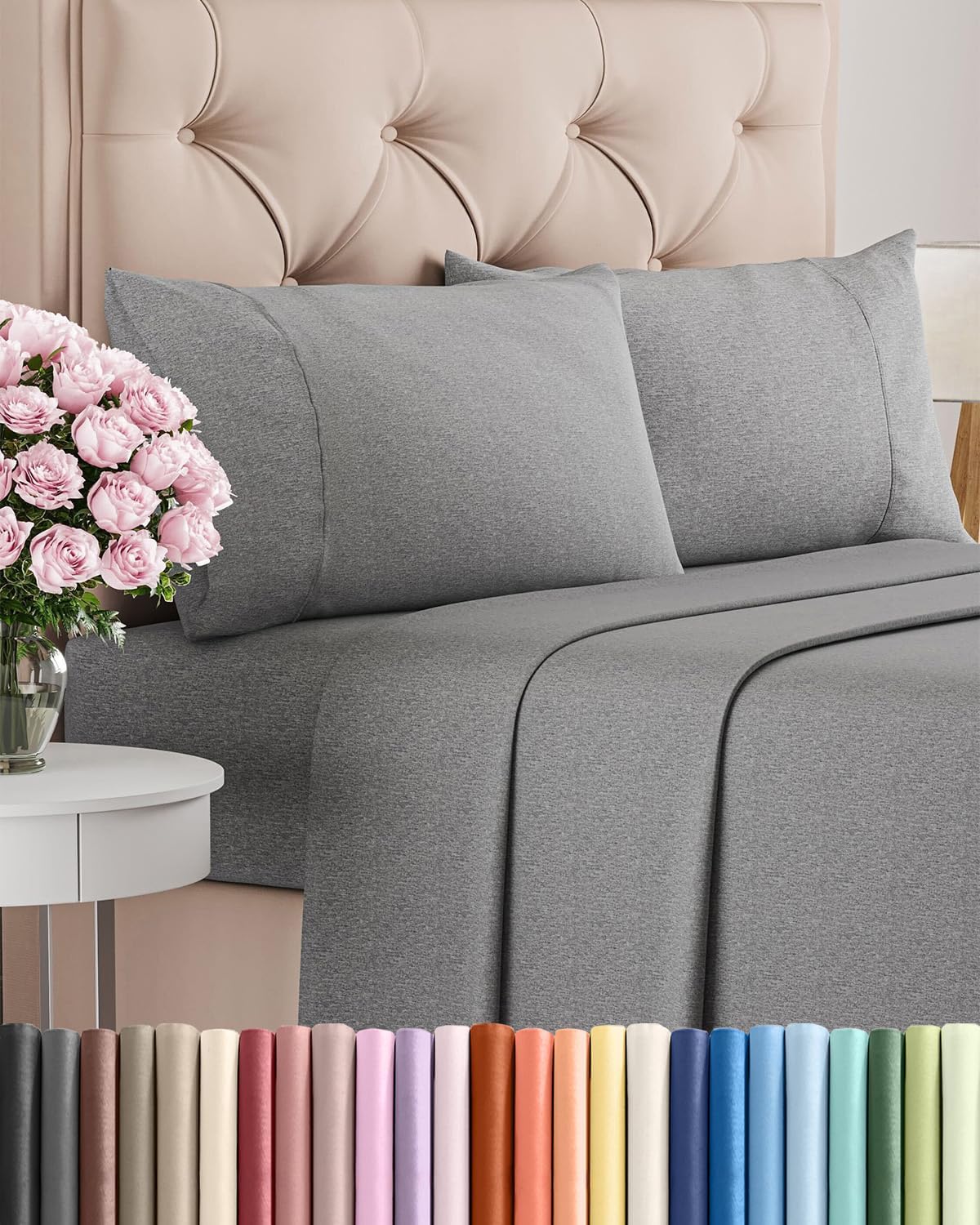 Queen Size 4 Piece Sheet Set - Breathable & Cooling Sheets - Heathered Grey