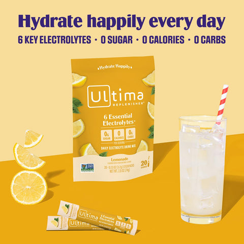 Ultima Replenisher Daily Electrolyte Drink Mix – Lemonade, 20 Stickpacks – Hydration Packets with 6 Key Electrolytes & Trace Minerals – Keto Friendly, Vegan, Non-GMO & Sugar-Free Electrolyte Powder